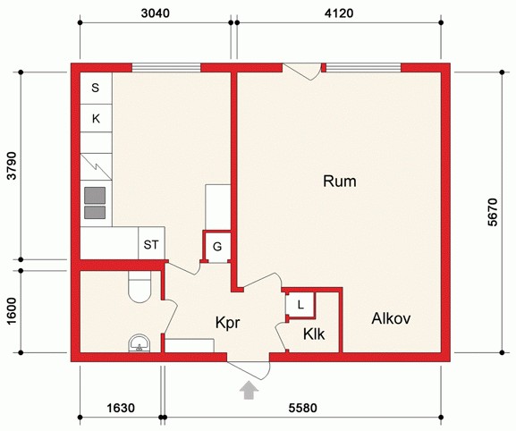 Nya lägenheten. Köket har K/F och ST till högerom dörren och bara köksskåp på vänster sida.